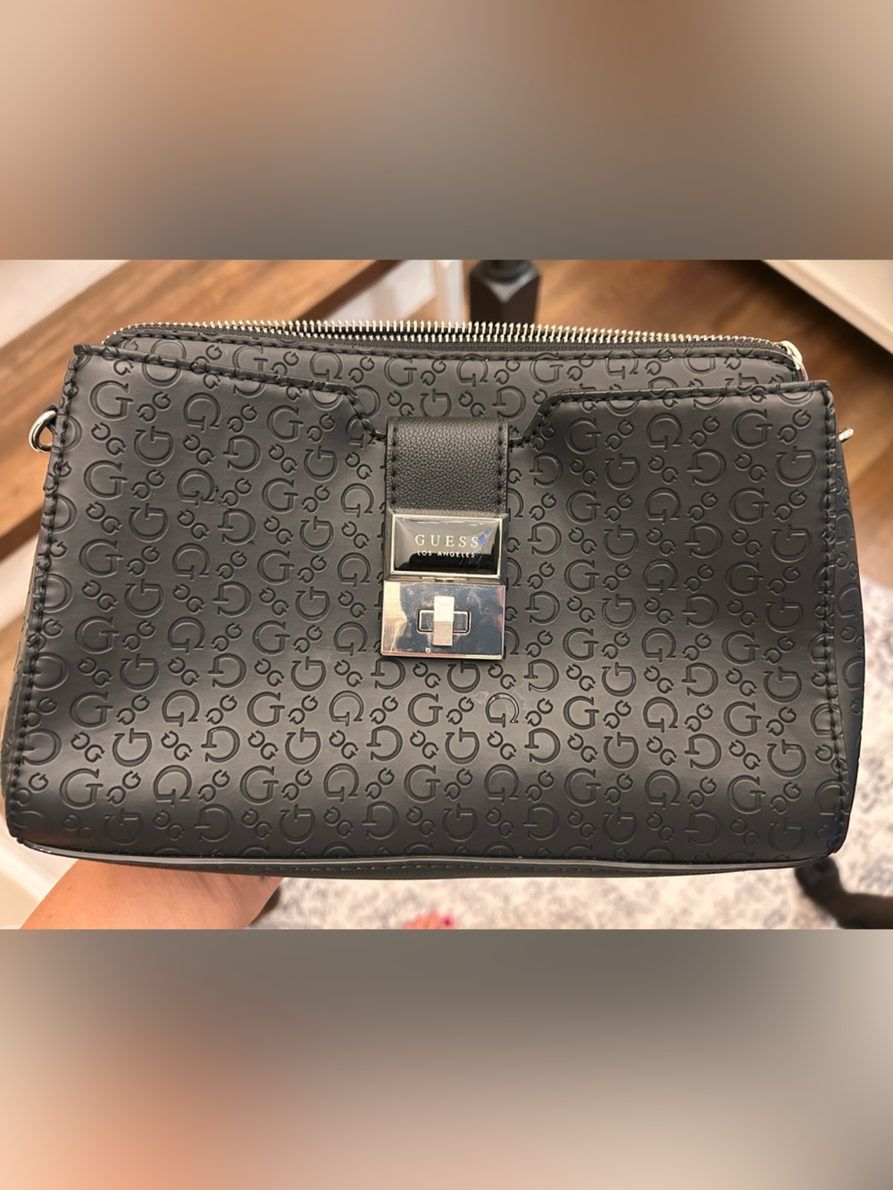 GUESS Black Embossed Logo Crossbody Bag with Silver Hardware